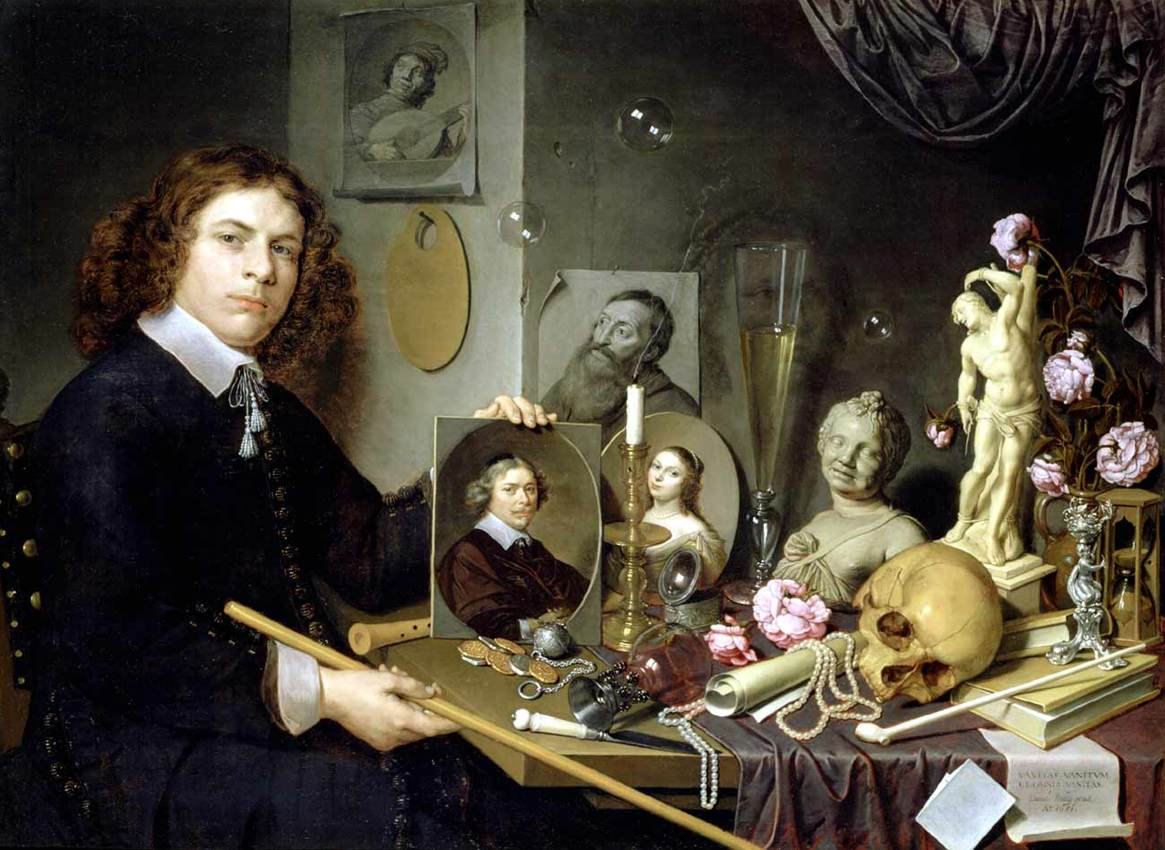 A painter seated among vanitas objects including a skull, a candle and soap bubbles