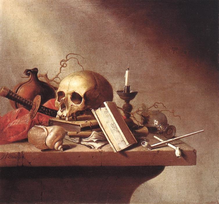 A vanitas still life of books, a sword, instruments and a skull